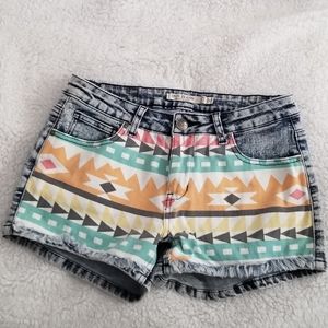 Aztec print denim shorts